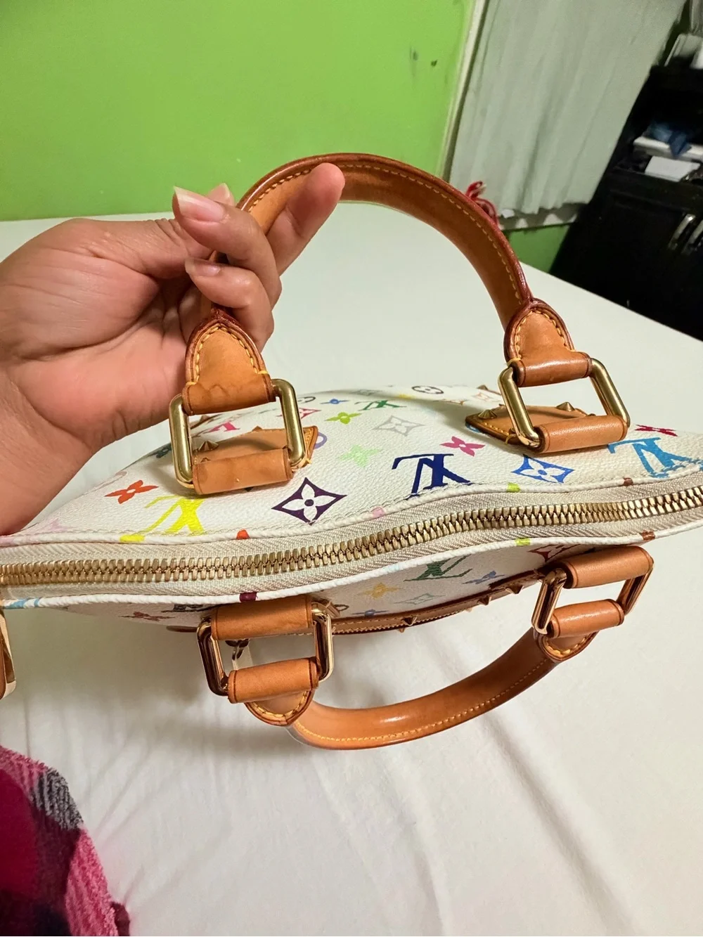 Louis Vuitton White Multicolor Monogram Alma Satchel with Tan Trim